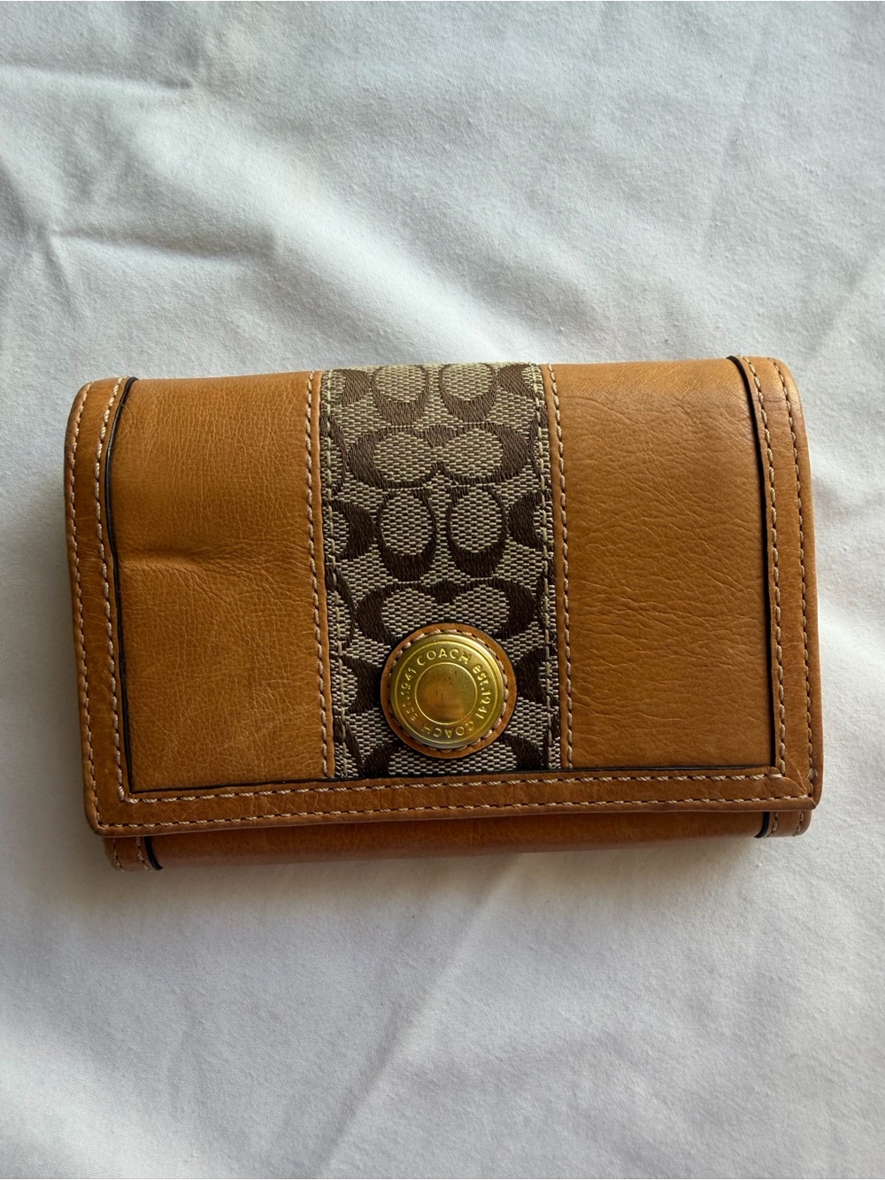 Coach Tan Leather & Signature Canvas Clasp Wallet